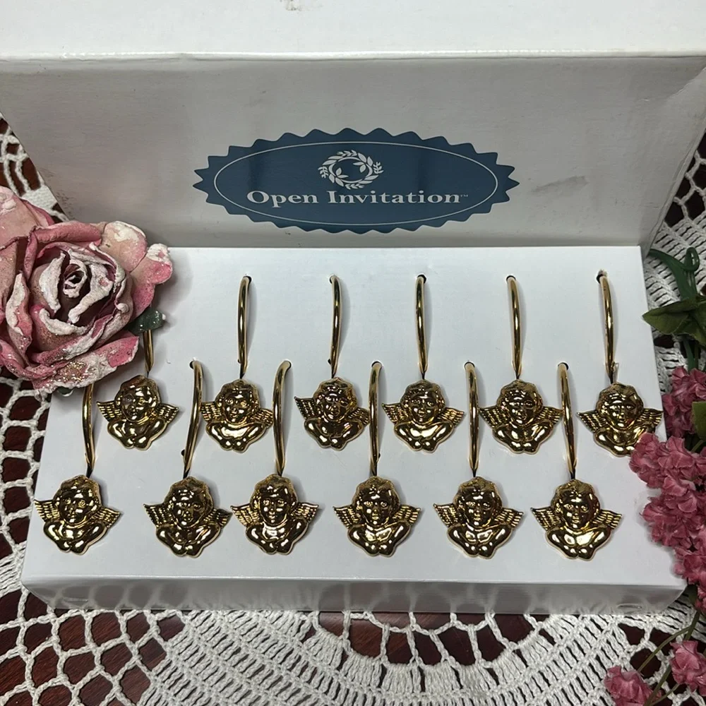 Vintage Shower Curtain Rings Victorian Cherub Angel Gold Brass Hook Set of 12